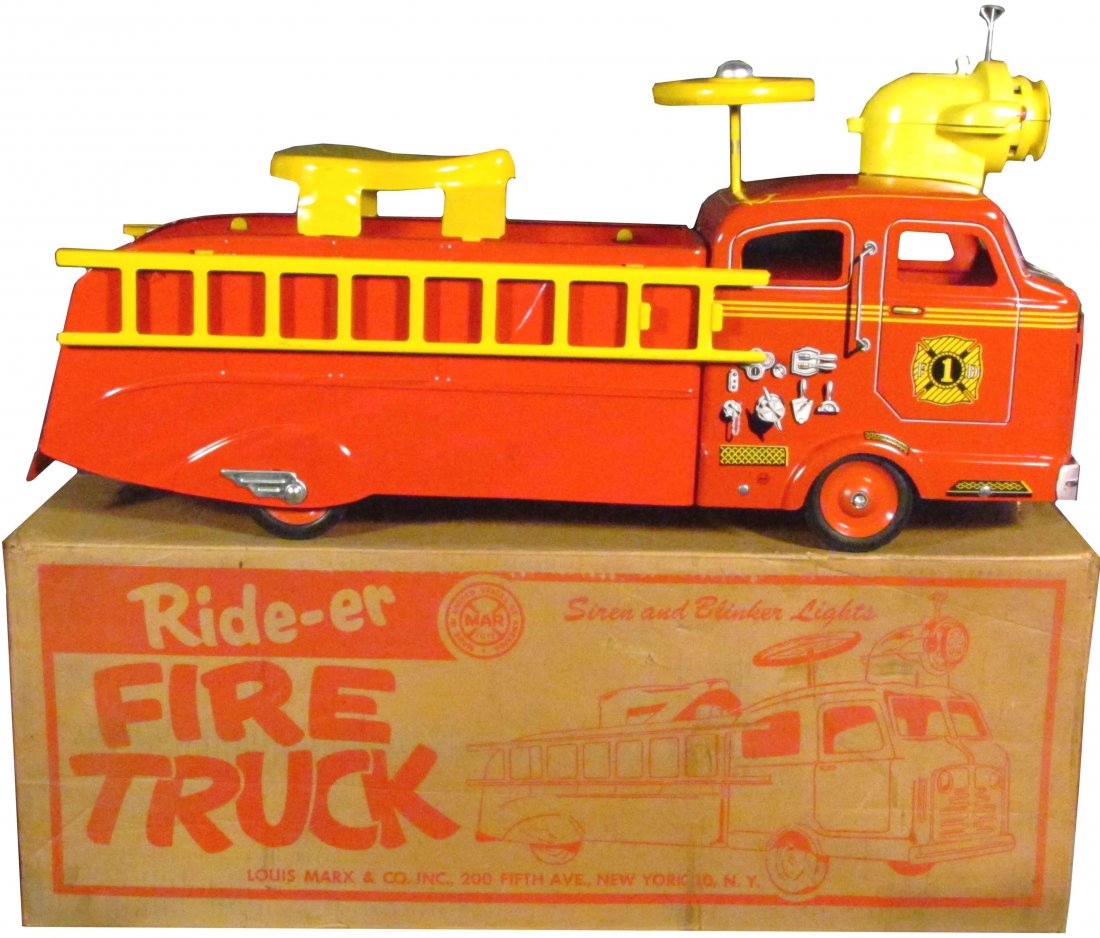 Louis Marx Pressed Steel Rider Fire Engine Toy: 1950's Louis Marx Pressed Steel Rider Fire Engine Toy. New in the box condition. 32 inches long.