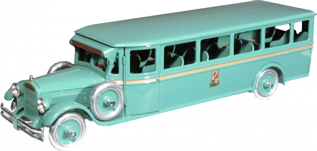 Buddy L Pressed Steel Coast to Coast Toy Bus: 1930's Buddy L Pressed Steel Coast to Coast Toy Bus. Actual ride on toy. Professionally stored condition. 29 inches long.