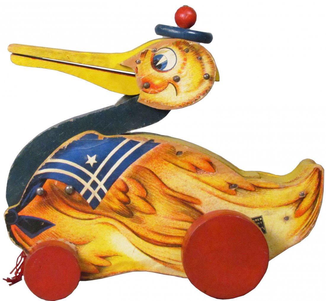 Fisher Price # 120 Gabby Goose Pull Toy: Fisher Price # 120 Gabby Goose Pull Toy, 1936. Sailor suit lithography, concealed voice and unique neck action. Slight paper loss around edges otherwise excellent condition. 9 inches long.