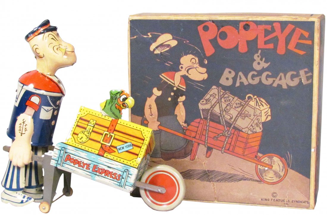 Louis Marx Popeye Express Tin Toy with box: Louis Marx Popeye Express Tin Wind-up Toy with box, 1932. Some minor discoloration on right side of Popeye's face otherwise excellent condition. 3 X 8 X 8 1/2 inches.