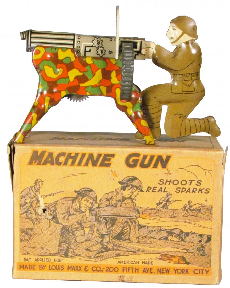 Louis Marx Machine Gun & Sharp Shooter Tin Toy: Louis Marx Machine Gun & Sharp Shooter Tin Toy and box. Shoots real sparks!. Excellent condition. 2 X 3 1/2 X 5 inches.