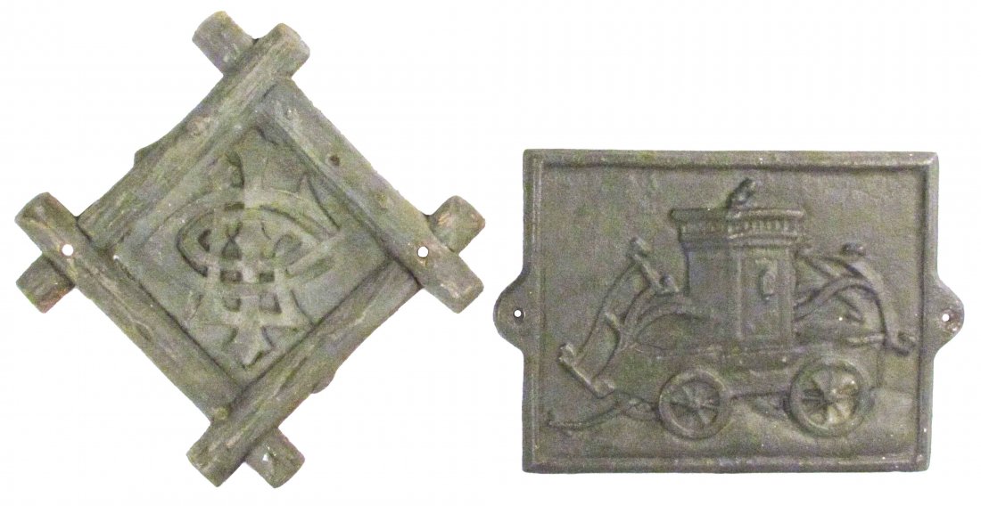Two Cast Iron Fire Marks: Two Cast Iron Fire Marks. Life Insurance Co. and Embossed early style hand tub. 11 1/2 X 11 1/2 and 11 5/8 X 7 7/8 inches.