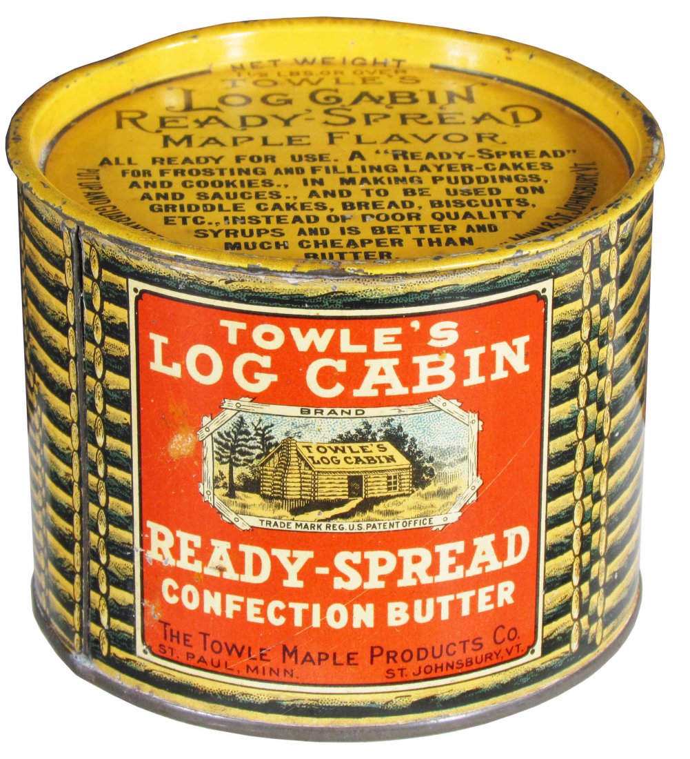 Towle's Log Cabin Confection Butter Tin: Towle's Log Cabin Ready-Spread Confection Butter Tin. A couple of rubs, surface scratches and slight crease in back otherwise very good condition. 3 3/8 X 4 1/4 inches.