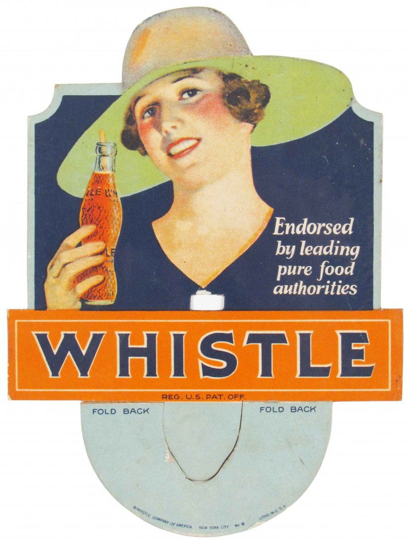 Whistle Soda Die Cut Cardboard Bottle Topper: Whistle Soda Die Cut Cardboard Bottle Topper. Some very minor edge wear otherwise excellent condition. 6 X 8 inches overall.