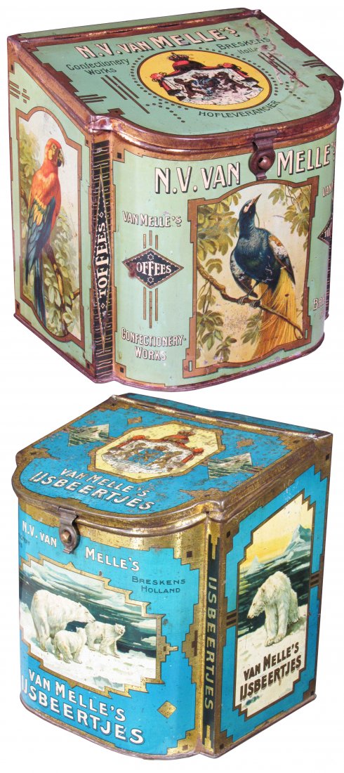 2 Colorful and Graphic Confectionery Tins: Two Colorful and Graphic Tins including a N.V. Van Melle's Toffee Confectionery Tin. and a Ijbeertjes. With Polar Bear and Bird motif. Excellent color and graphics. Some edge wear and scratches, rust 
