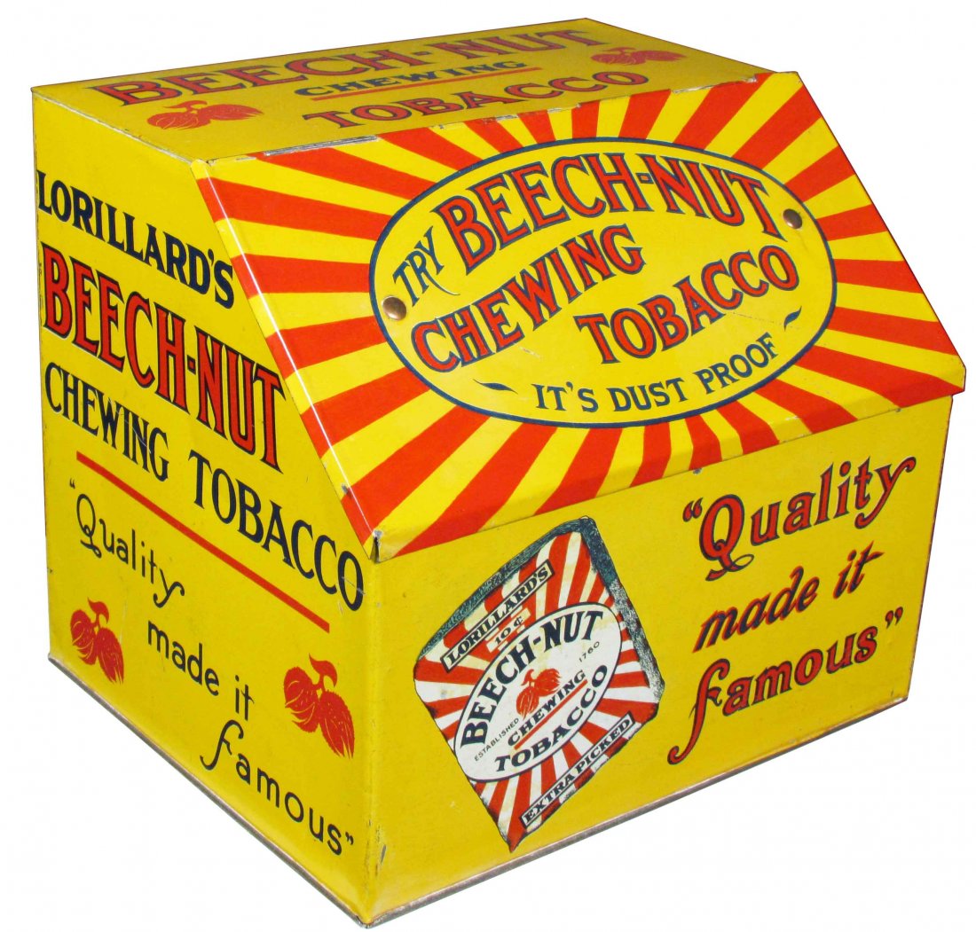 Beech-Nut Chewing Tobacco Tin Store Bin: Beech-Nut Chewing Tobacco Tin Store Bin. Rub at top on right side and surface scratches otherwise excellent condition. 10 X 8 3/4 X 8 1/4 inches.