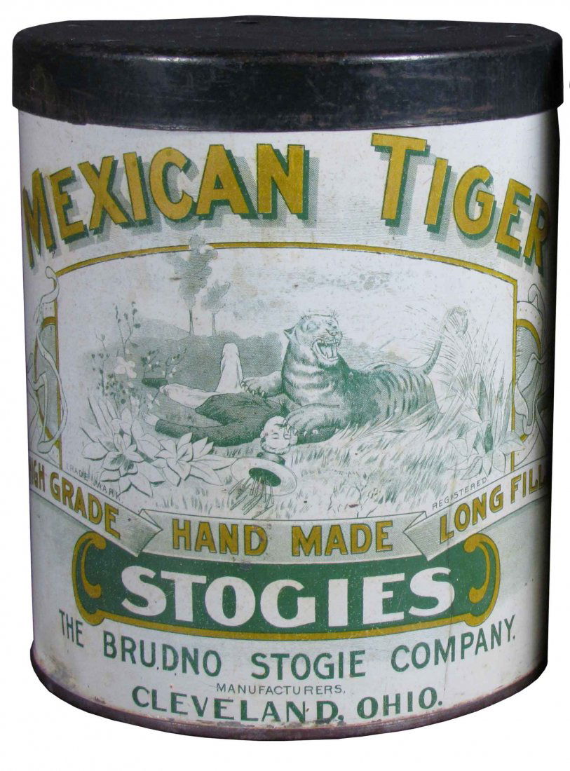 Rare Mexican Hand Made Stogies Cigar Tin: Rare Mexican Hand Made Stogies Cigar Tins, 100 count. Green version by American Can Co. in good condition. 6 3/8 inches tall X 5 1/2 inch diameter.