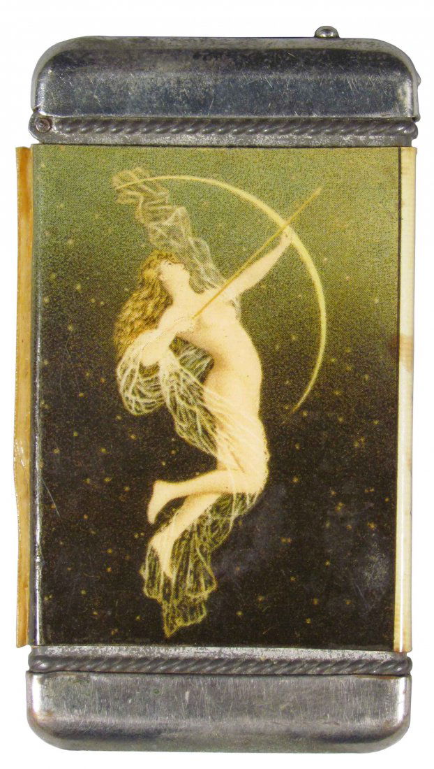 Celluloid Advertising Match Safe: Celluloid Advertising Match Safe for Selig Bros. Wholesale Tailors. Depicting Nude with bow and arrow. Some minor staining otherwise good condition. 1 1/2 X 2 3/4 inches.