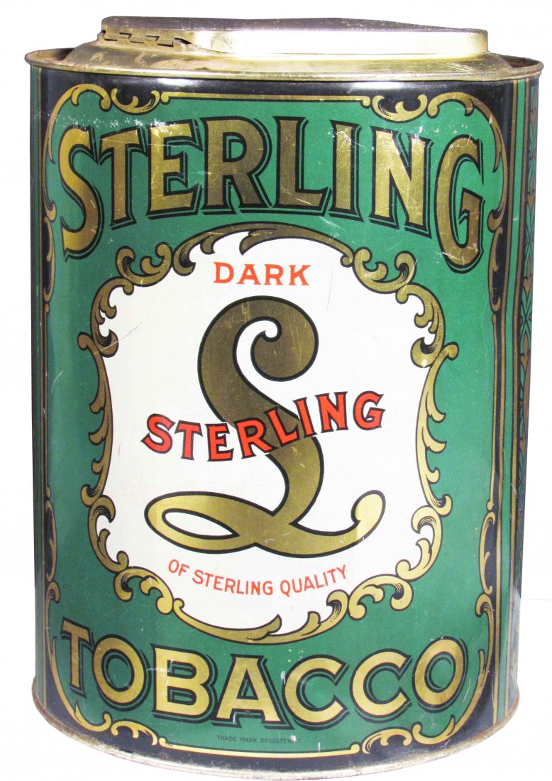 Sterling Dark Tobacco Tin Store Bin: Sterling Dark Tobacco Tin Store Bin. Green version. A few light scratches otherwise excellent condition. 8 1/2 inch diameter X 11 inches tall.