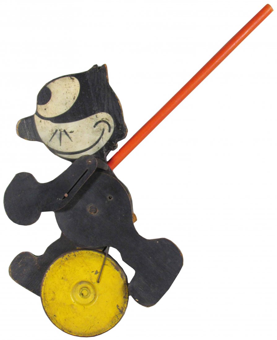 Felix the Cat Die Cut Wood Toy Walker: Felix the Cat Die Cut Wood Toy Walker. Missing tail otherwise good condition. Doll measures 13 1/2 inches.