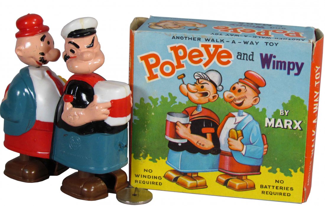 Louis Marx Popeye Walk-a-Way Toy: Louis Marx Popeye Walk-a-Way Toy. 1964 King Features Syndicate Inc. New in box. 4 X 5 inches.
