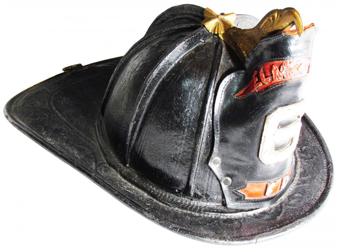Cairn's High Eagle Black Leather Fire Helmet: Cairn's High Eagle Black Leather Fire Helmet. Leather front shield,"Elmhurst 6, F". Leather loss at top of shield otherwise good condition.