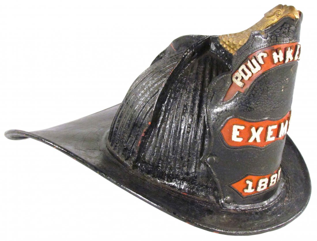 Cairnes High Eagle Leather Fire Helmet: Cairnes High Eagle Leather Fire Helmet, can 1880. Leather front shield, "Poughkeepsie Exempt, 1886". Lacking liner and small dent to eagle's beak otherwise very good condition.