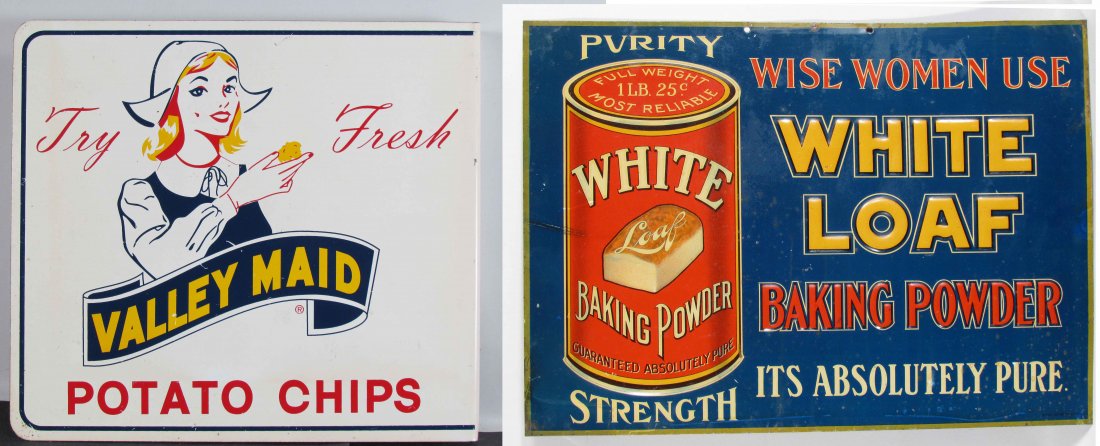 2 Advertising Signs, Valley Maid & White Loaf: Two Signs, Valley Maid Two Side Porcelain Flange Sign, near mint, 11 1/4 X 10 inches. White Loaf Baking Powder Embossed Tin Sign, minor discoloration and a couple of wrinkles, 13 3/4 X 10 inches.