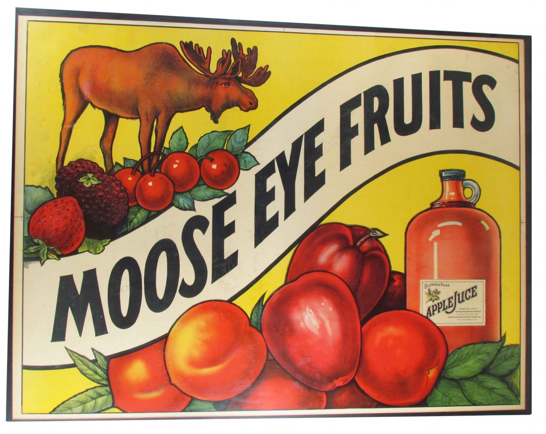 Moose Eye Fruits Paper Sign: Moose Eye Fruits Paper Sign. Excellent color and graphics. Near mint condition. Framed under plexi-glass. 48 X 36 inches.