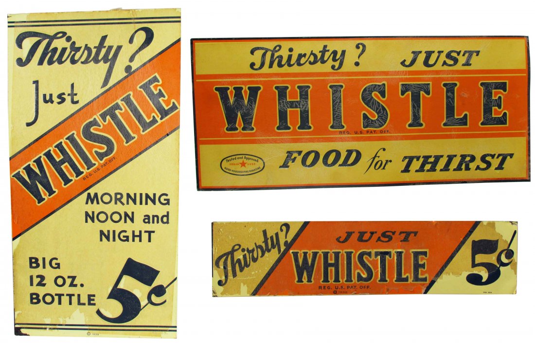 3 Whistle Soda Embossed Tin Signs: Three 1939 Whistle Soda Embossed Tin Signs/Door Push. Original paper residue on front and a few wrinkles some paint loss at bottom right corner otherwise very good condition. Larges measures 27 3/4 X