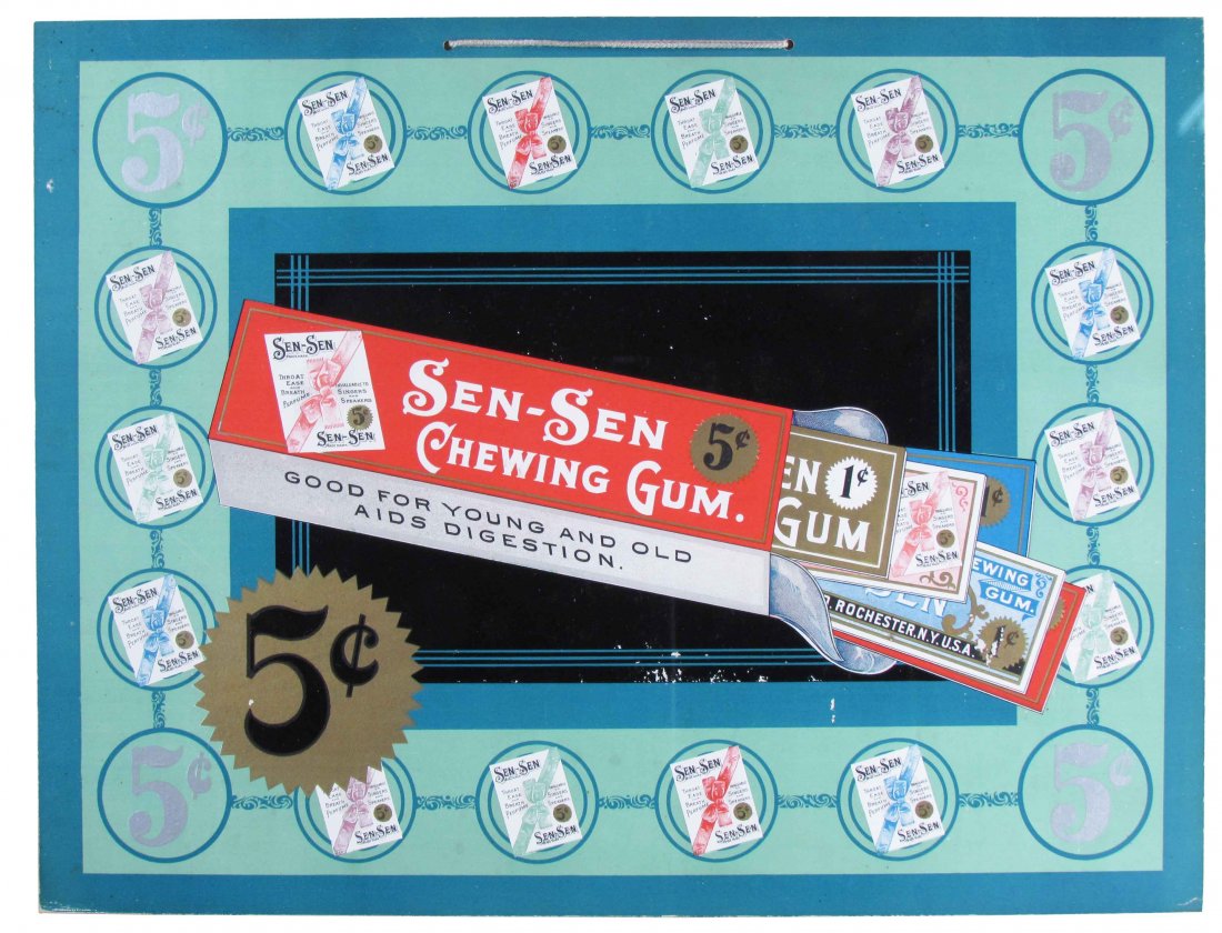 Sen-Sen Gum Cardboard Sign: Sen-Sen Gum Cardboard String Hanging Sign, two sided. Framed to under glass to reveal both sides. Some very minor paper loss on front side mostly in center otherwise excellent condition. 17 X 13 inche