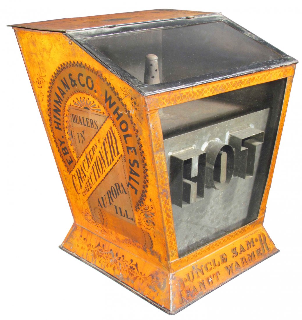 Uncle Sam Peanut Warmer: Uncle Sam Peanut Warmer. Eby, Hinman & Co. Wholesale Aurora, Ill dealers in Crackers & Confectionary. Tin and glass with original stenciling and decals. Overall good condition. 18 X 22 X 16 1/2 inches