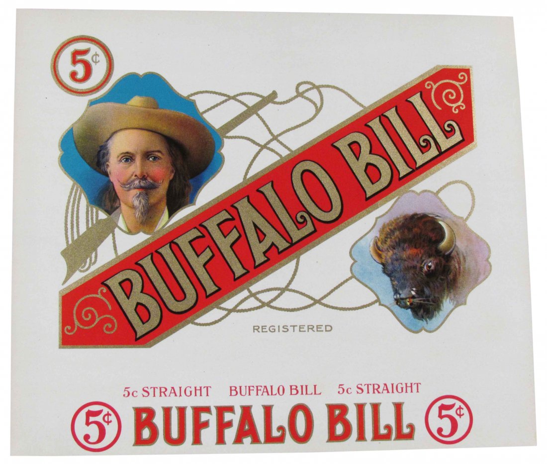 Buffalo Bill Cigar Label: Buffalo Bill Cigar Label. Outstanding color and graphics. Near mint condition. 8 1/2 X 7 3/8 inches.
