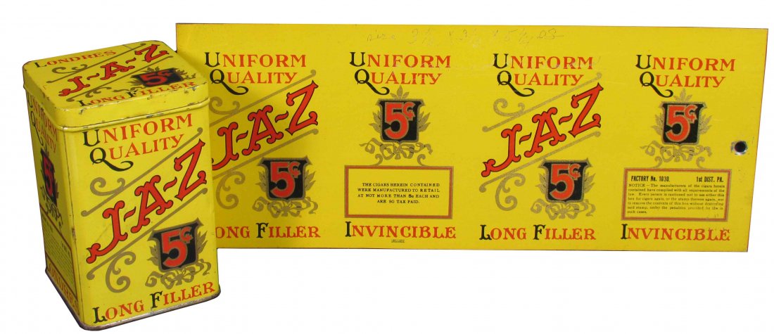 J-A-Z Cigar Tin Template Proof for Can Body: J-A-Z Cigar Tin, 25 Count and Template Proof Can Body. Liberty Can Co. Dimentions scratched on unused body and minor surface scratches otherwise excellent condition.