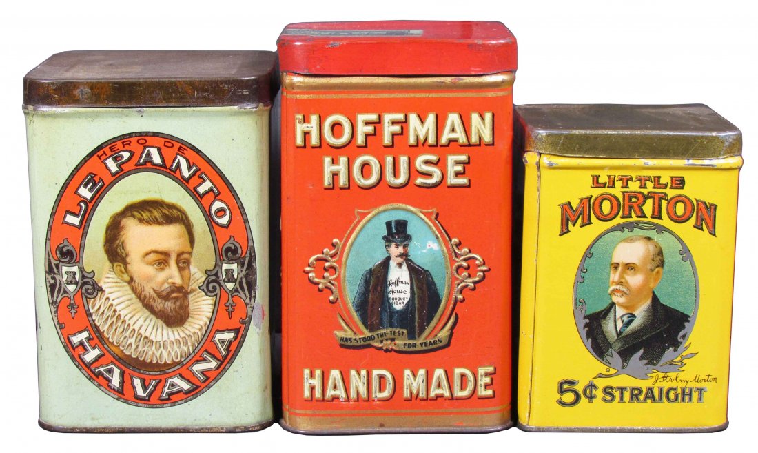 Three Tobacco Tins: Three Tobacco Tins, 25 Count. Embossed Hoffman House Handmade with Colorado tax stamp. Little Morton, The Heekin Can Co. Le Panto, American Can Co. Overall very good condition.