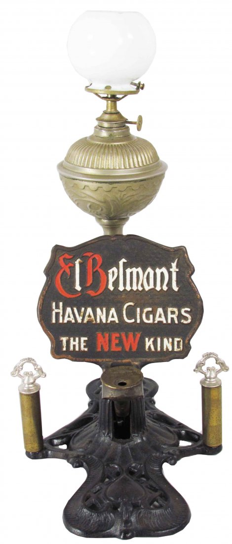 El Belmont Havana Cigar Tip Cutter Lighter: El Belmont Havana Cigars Cigar Tip Cutter and Lighter. Cast iron by Brunhoff Mfg. Co. Last patent date 1902. Overall good condition. 7 1/4 X 15 X 10 1/2 inches.