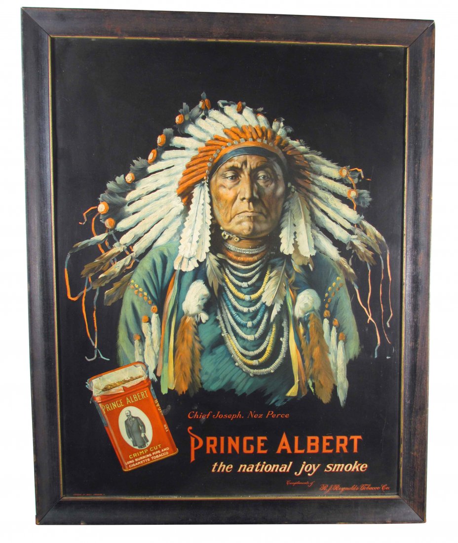 Prince Albert Tin Sign Native American Motif: Prince Albert Tin Sign Depicting Chief Joseph, Nez Perce. Compliments of R.J. Reynolds Co. American Art Works Coshocton, Ohio. Overall excellent condition. 19 X 25 inches.