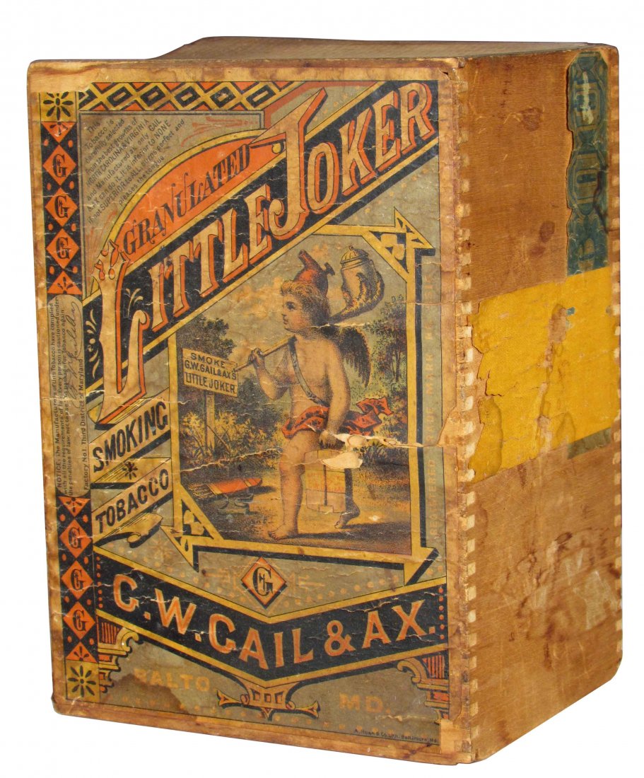 Little Joker Smoking Tobacco Wood Box: Little Joker Smoking Tobacco Wood Box. G.W. Gail & Axe. Baltimore. Original label front and back and tax stamp. Great graphics. Paper loss and age staining. 5 X 4 X 6 3/4 inches.