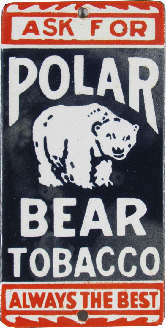 Polar Bear Tobacco Porcelain Door Push: Polar Bear Tobacco Porcelain Door Push. Some discoloration otherwise very good condition. 3 5/8 X 7 inches.