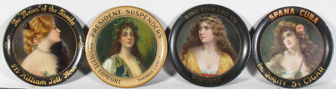 Four Tin Tip Trays: Four Tin Tip Trays including King Edward VII Whiskey, President Suspenders, William Tell Flour, and Spana Cuba Cigars. Overall very good condition. 4 1/4 inches each.