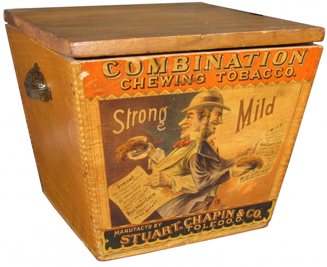 Combination Chewing Tobacco Wood Box: Combination Chewing Tobacco Wood Box. Stuart, Chapin & Co. Toledo. Original paper label on front. Overall very good condition. 12 X 10 1/2 X 12 1/4 inches.