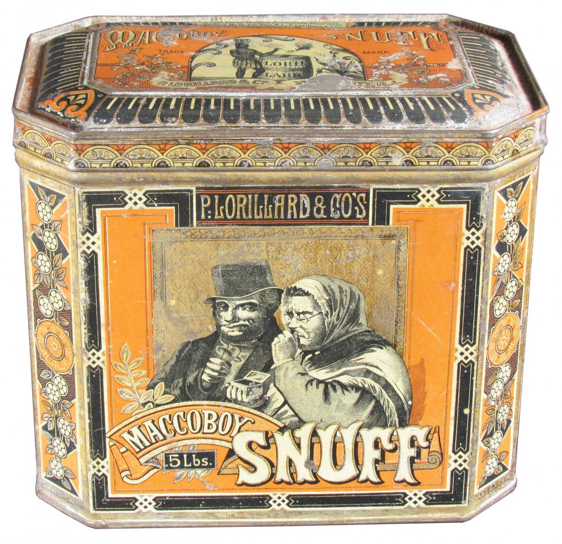 Mc Avoy Snuff Five Pound Tobacco Tin: Mc Avoy Snuff Five Pound Tobacco Tin. P. Lorillard & Co's. Surface scratches and paint loss otherwise good condition. 7 1/2 X 6 1/4 X 4 3/4 inches.