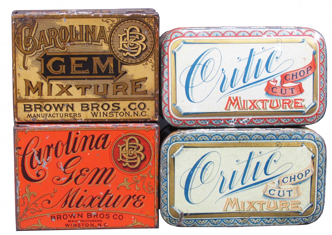 Four Tobacco Tins: Four Tobacco Tins. (2) Carolina Gem Mixture and (2) Critic Chop Cut Mixture. Overall very good condition.