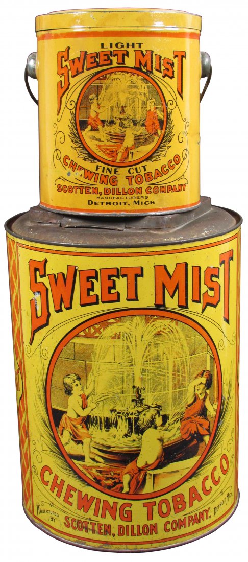 Two Sweet Mist Chewing Tobacco Tins: Sweet Mist Chewing Tobacco Tin with Bail and Tin Store Bin. Scotten & Dillon Company Mfg. Detroit, Mich. Store bin has minor fading, surface rubs, and scratches. Tin with bail overall very good condit