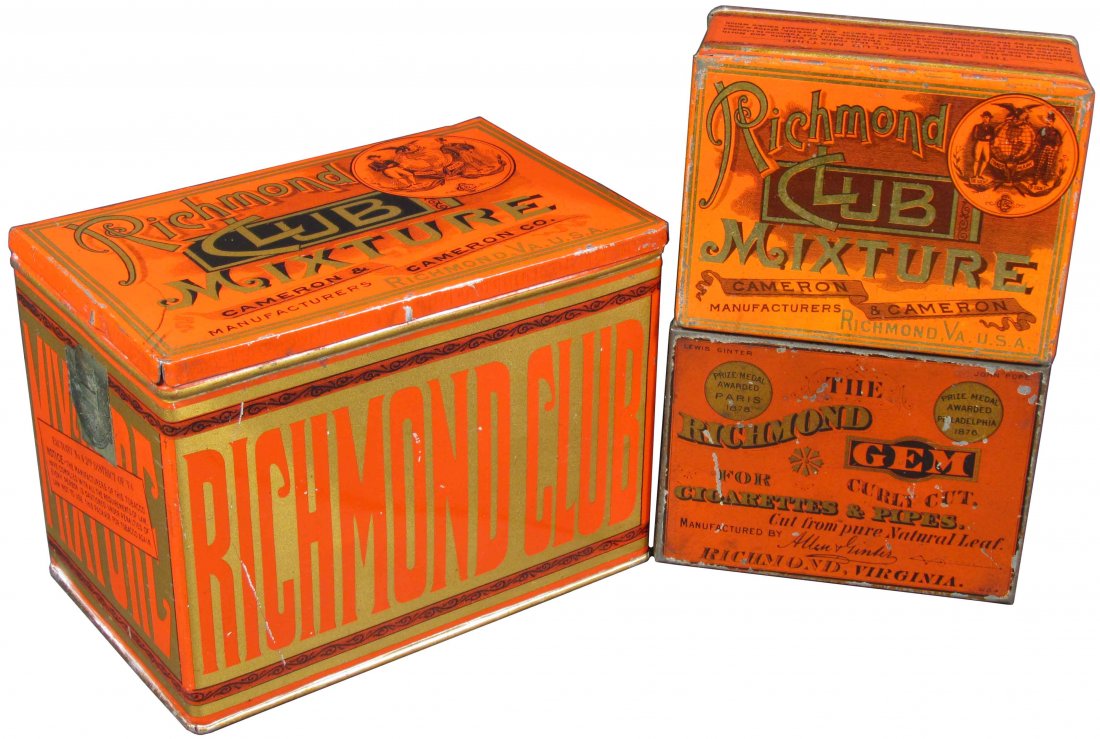 Three Richmond Tobacco Tins: Three Richmond Tobacco Tins including Club Mixture and Gem. Allen & Ginter's Mfg. Gem tin has paint loss and scratches. Other two in excellent condition.