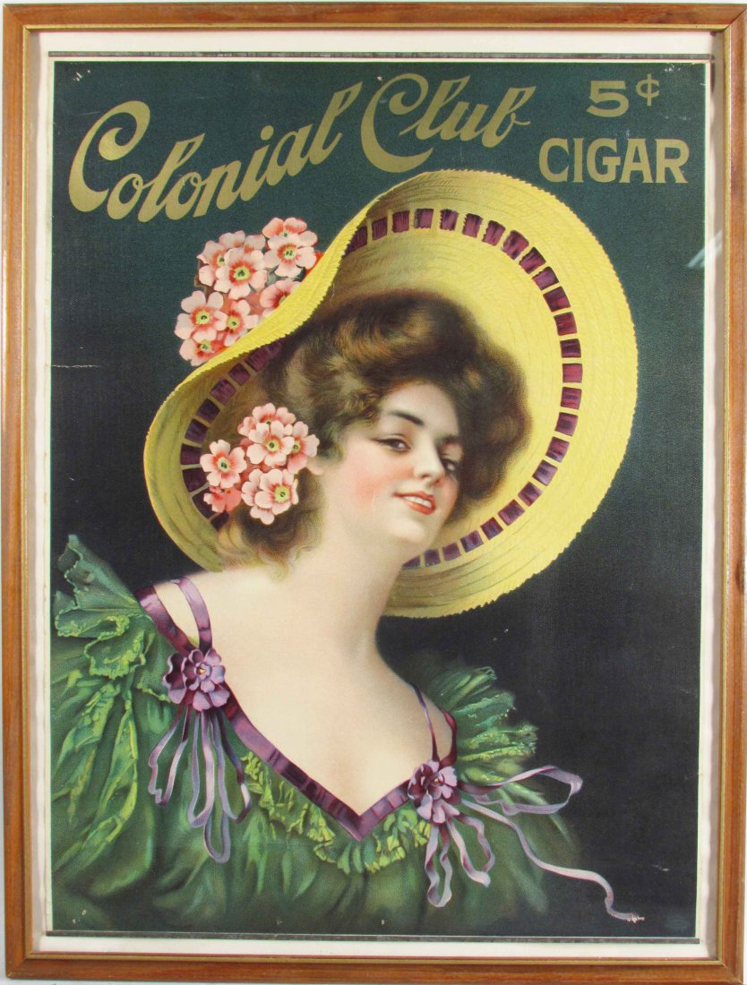 Colonial Club Cigars Paper Sign: Colonial Club Cigars Paper Sign. Original bands top and bottom, framed under glass. A couple holes in the corners and slight tear at 10:00 otherwise very good condition. 17 X 22 1/2 inches image only.