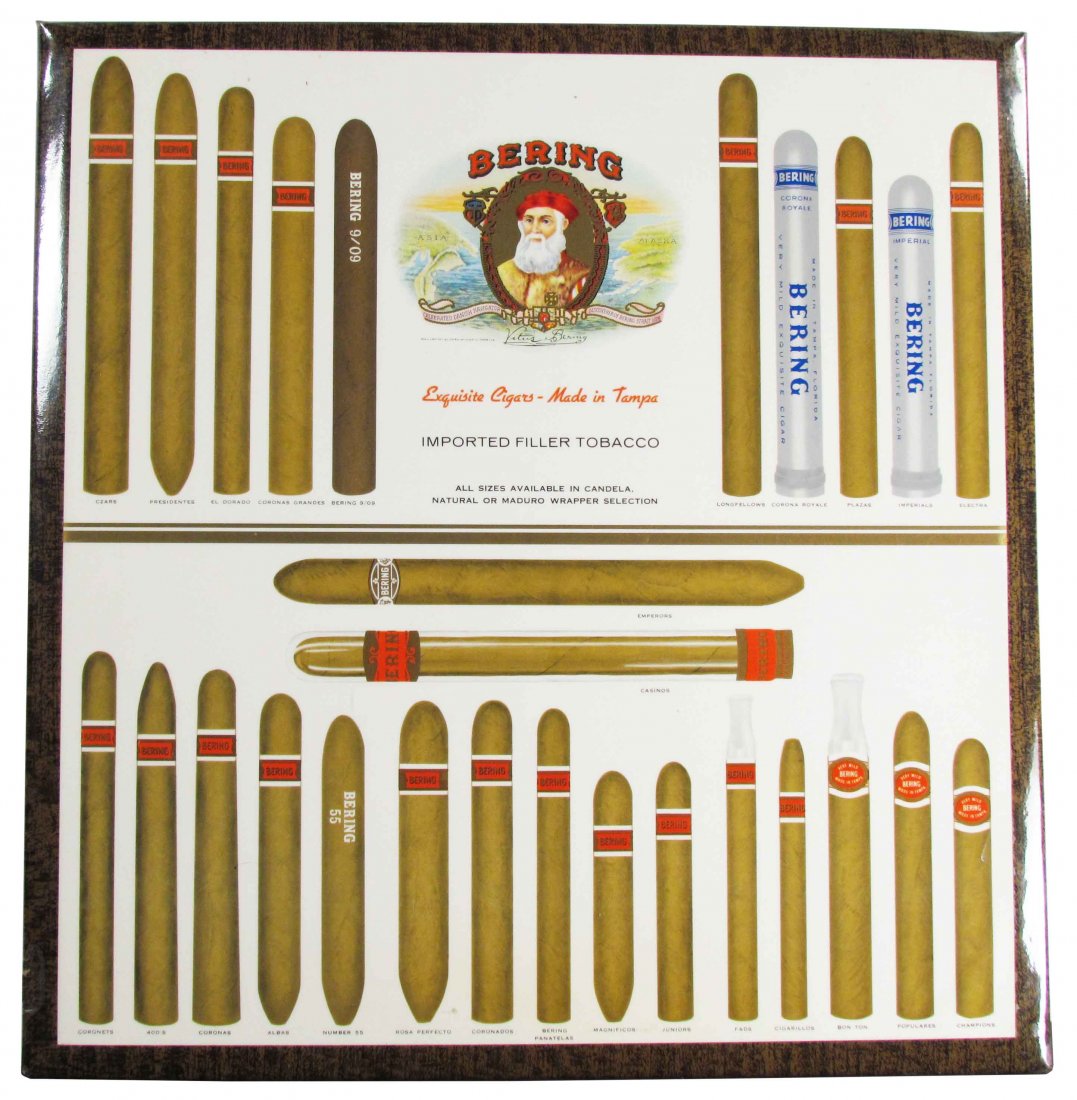 Bering Cigar Co. Celluloid Sign: Bering Cigar Co. Celluloid Over Cardboard String Hanging Sign. Depicting product line. Light scratch at 5:00 and slight lifting at 7:00 otherwise very good condition. 16 1/2 X 17 inches.
