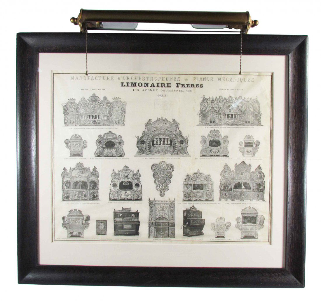 Limonaire Band Organs Mfg. Broadside: Limonaire Freres Band Organs Mfg. Broadside. Paris, France. Framed under glass with light. Some very minor stains otherwise very good condition. 36 1/4 X 31 1/2 inches overall.
