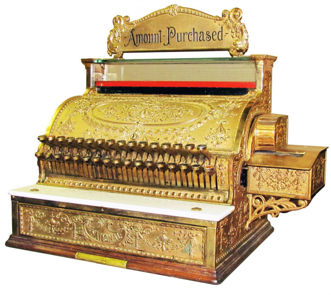 National Cash Register Model 356-G: National Cash Register Model 356-G. Serial # 1428610. Oak base with marble top and receipt cage, original marquee. Good original condition.