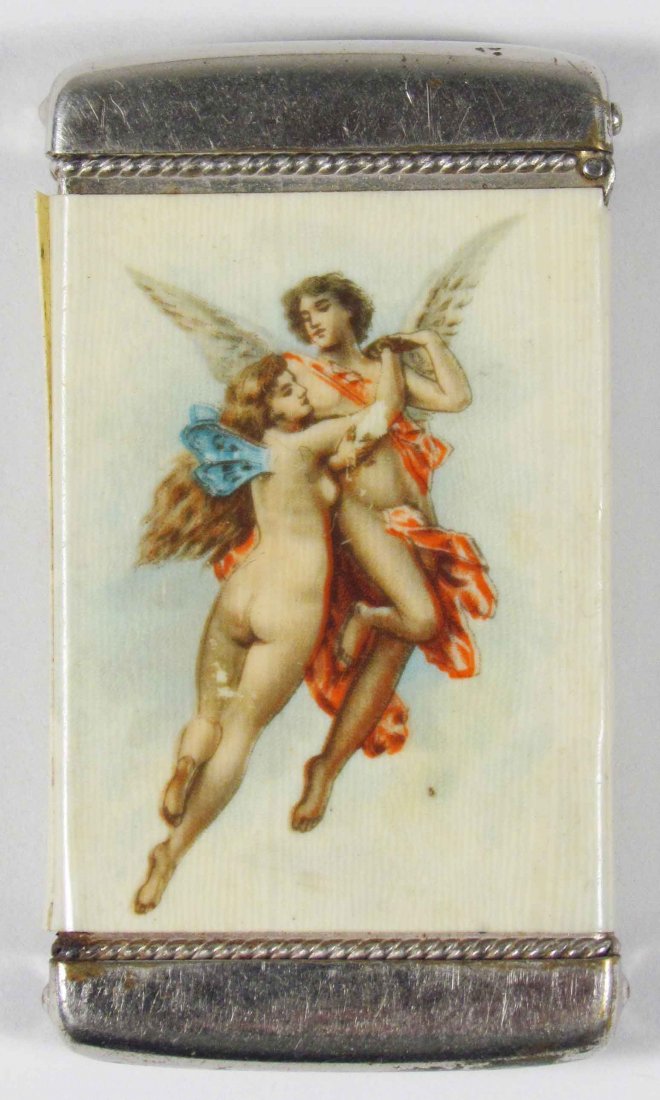 Celluloid Advertising Match Safe: Celluloid Advertising Match Safe. Compliments Selig Bros & Co. Tailors, San Francisco. Depicting winged nudes. Very good condition. 1 1/2 X 2 3/4 inches.