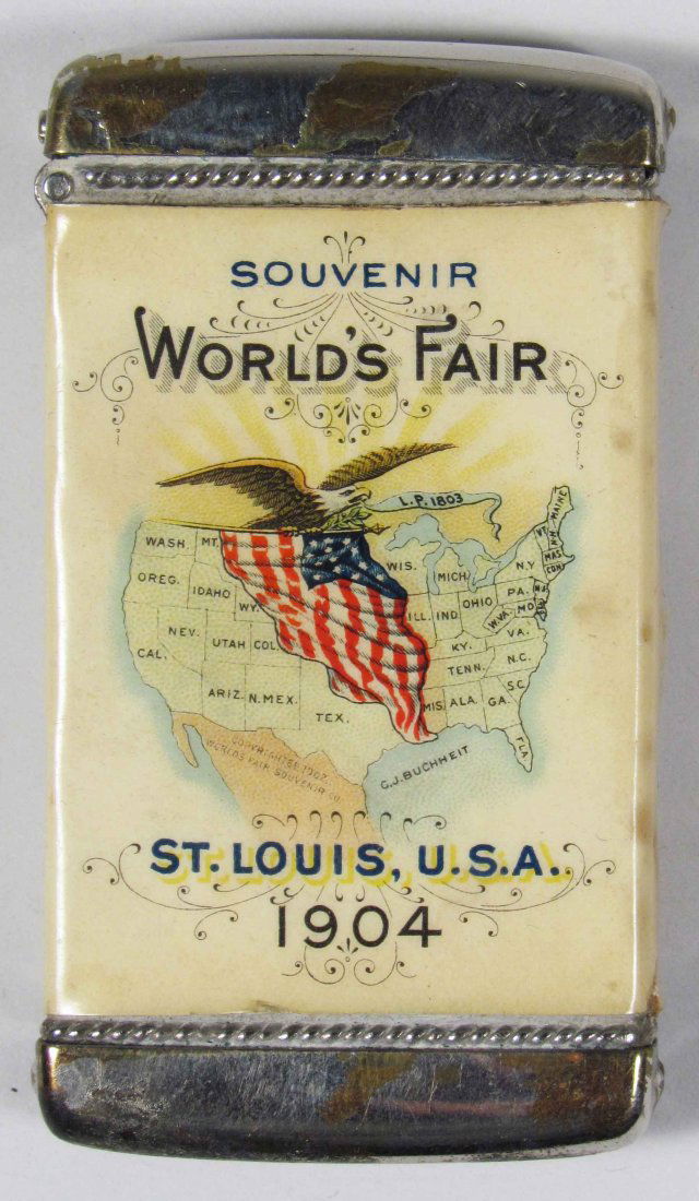 1904 World's Fair Souvenir Match Safe: Souvenir Match Safe for the 1904 World's Fair St. Louis. Very minor discoloration otherwise good condition. 1 1/2 X 2 3/4 inches