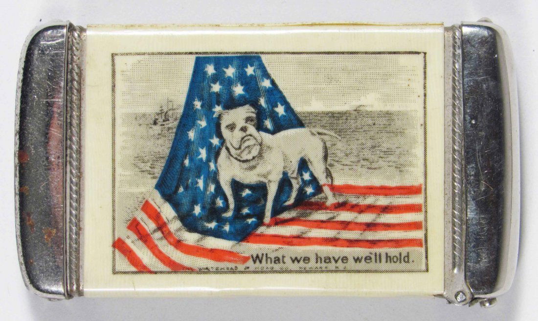 Celluloid Advertising Match Safe: Celluloid Advertising Match Safe. August and Taylor depicting Bulldog with American Flag and 1902 cover. Excellent condition. 1 1/2 X 2 3/4 inches.