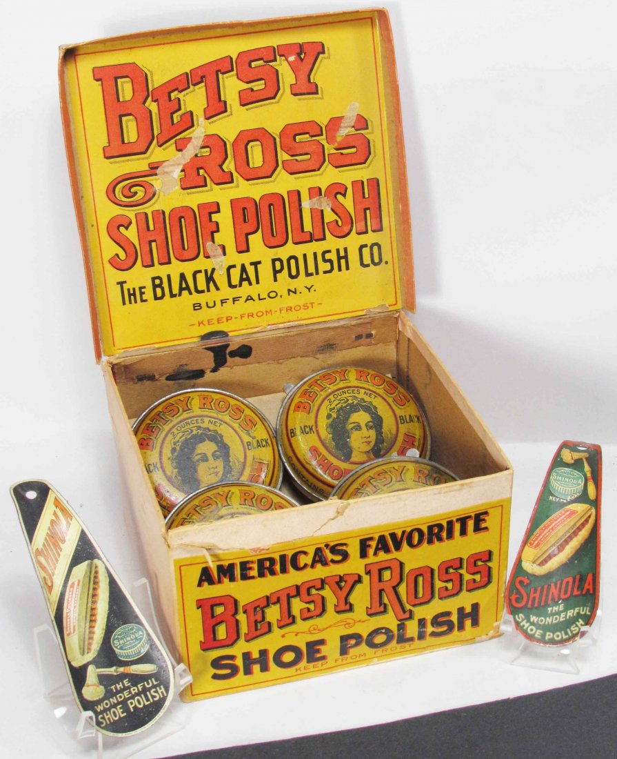 Betsy Ross Shoe Polish Store Display: Betsy Ross Shoe Polish Cardboard Store Display with Four Product Tins. Two tin litho "Shinola" shoe horns. Box lid is detached otherwise good to very good condition.