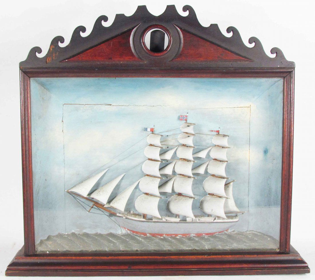 Tall Sailing Ship Norwegian Flags Shadow Box: Tall Sailing Ship with Norwegian Flag Shadow Box. Clock missing from top. 21 X 18 3/4 X 3 3/4 inches.