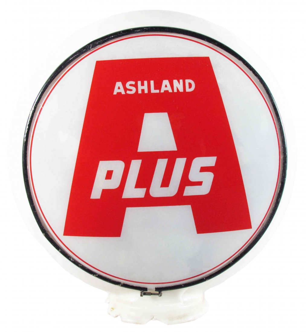 Ashland A+ Gas Globe: Ashland A+ Gas Globe. Two milk glass inserts in milk glass snap ring. No chips or cracks on insert but major chipping and cracking around snap ring face. 13 inch diameter.