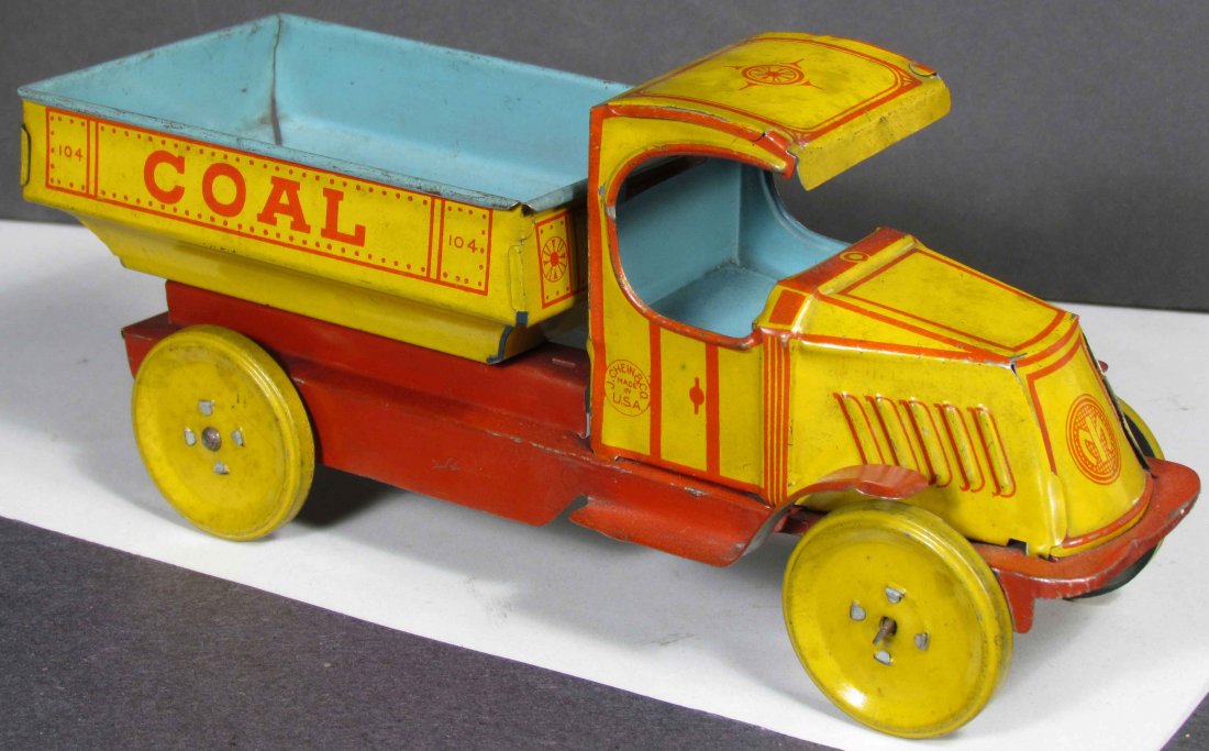 J. Chein No. 104 Mack Coal Truck Tin Toy: J. Chein No. 104 Mack Coal Truck Tin Litho Toy. Minor discoloration on roof and hood otherwise very good condition. 8 inches long.