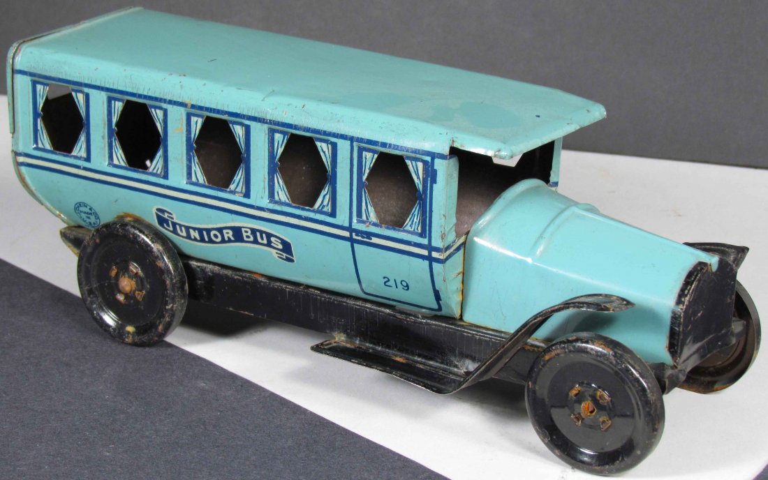 J. Chein No. 219 "Junior Bus" Tin Litho Toy: J. Chein No. 219 "Junior Bus" Tin Litho Toy, Blue version. Ca. 1920. Very minor scratches otherwise very good condition. 9 inches long.
