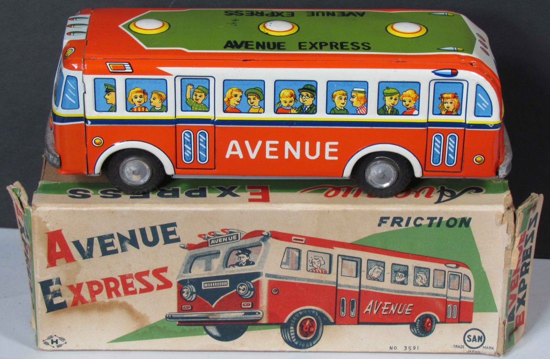 Marusan Toys No. 3591 Tin Litho Toy Bus: Marusan Toys No. 3591 Tin Litho Toy Avenue Express Tin Toy Bus. Friction driven in original box. Toy in near mint condition, 9 inches long. Box has stains and tears.