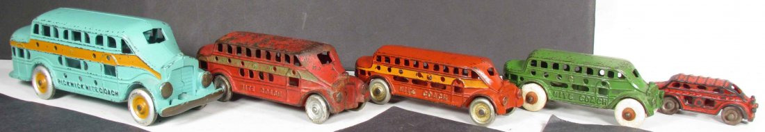 Five Cast Iron Toy Buses: Five Cast Iron Toy Buses. Four Nite Coaches from Kenton Toy Co. and small bus by Hubley. Very good to good condition. 9 3/4 to 3 3/4 inches long each.