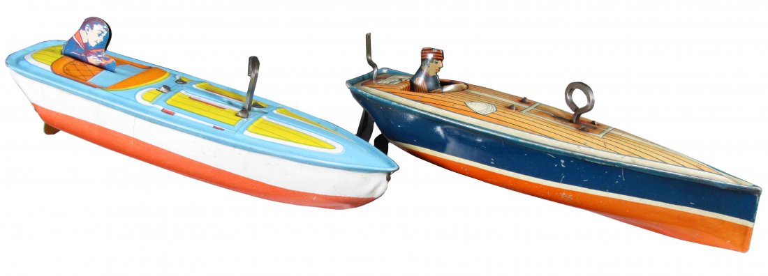 Two Tin Litho Toy Boats: Two tin litho mechanical boats. J. Chein No. 56 ca. 1950's. Slight fading to litho otherwise very good condition. Lindstrom mechanical boat slight fading and scratches otherwise good condition. Both m